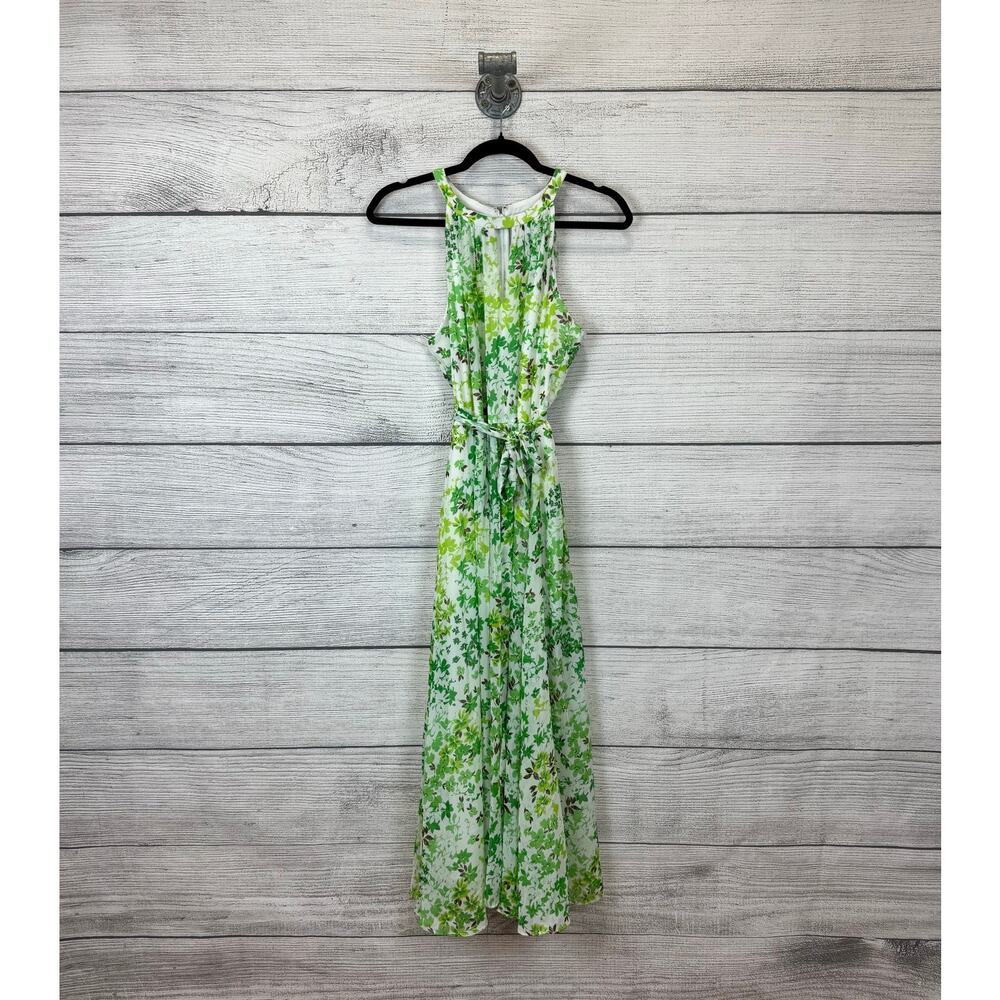 DKNY Women's Spring Green & White Floral High Neck Sleeveless Dress Size 8